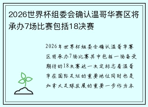 2026世界杯组委会确认温哥华赛区将承办7场比赛包括18决赛 2026世界杯组委会确认温哥华赛区将承办7场比赛包括18决赛